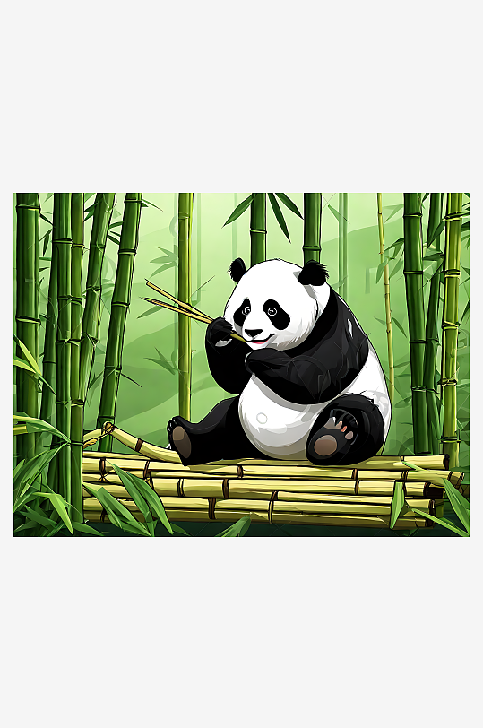 卡通风正在吃竹子的熊猫AI数字艺术