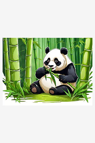 卡通风格正在吃竹子的熊猫AI数字艺术