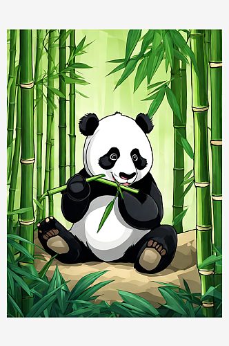 卡通风格正在吃竹子的熊猫AI数字艺术