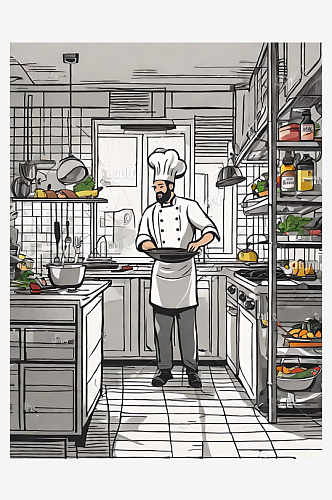手绘扁平厨师在厨房烹饪场景AI数字艺术