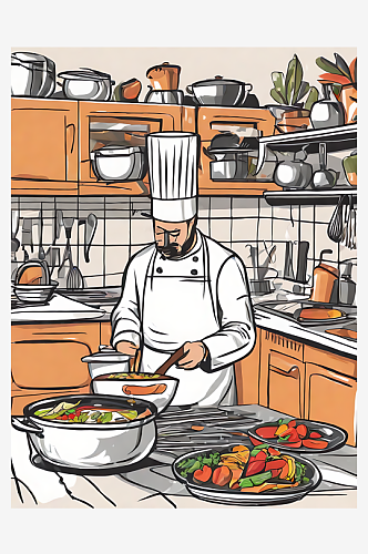 手绘扁平厨师在厨房烹饪场景AI数字艺术