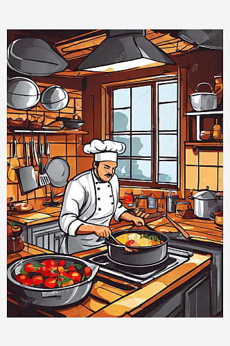 AI数字艺术手绘扁平厨师在厨房烹饪场景