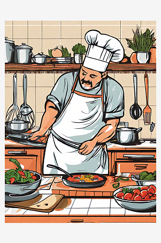 AI数字艺术手绘扁平厨师在厨房烹饪场景