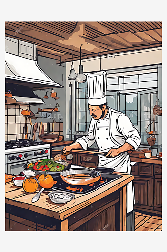 AI数字艺术手绘扁平厨师在厨房烹饪插图
