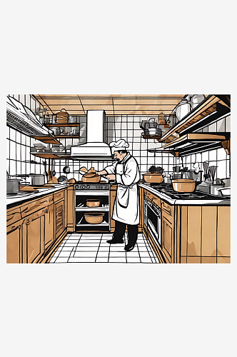 AI数字艺术手绘扁平厨师在厨房烹饪插图