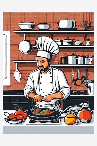 AI数字艺术扁平厨师在厨房烹饪插图