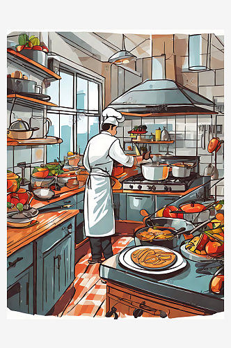 AI数字艺术扁平厨师在厨房烹饪插图