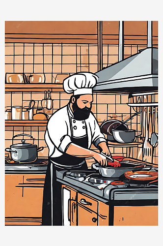 AI数字艺术手绘厨师在厨房烹饪插图
