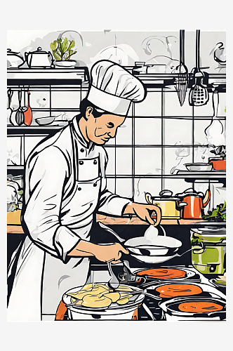 AI数字艺术手绘厨师在厨房烹饪插图