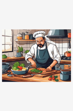 扁平手绘风厨师在厨房烹饪插图AI数字艺术