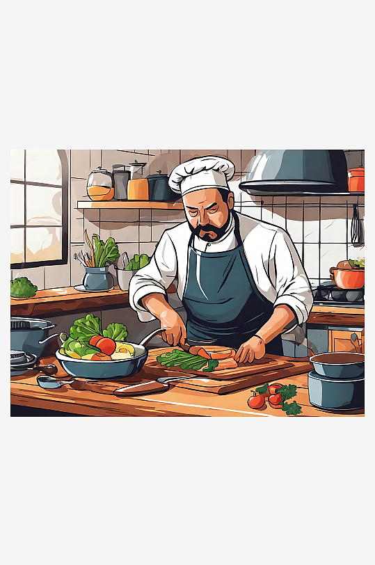 扁平手绘风厨师在厨房烹饪插图AI数字艺术