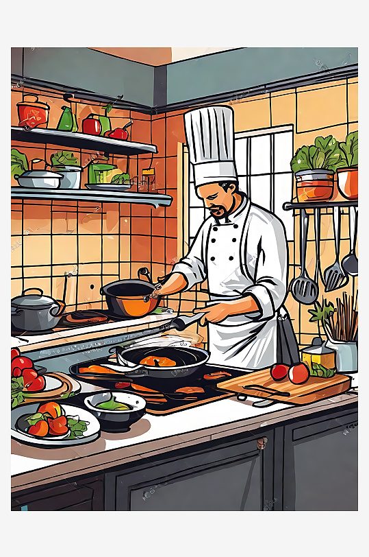 扁平手绘风厨师在厨房烹饪AI数字艺术