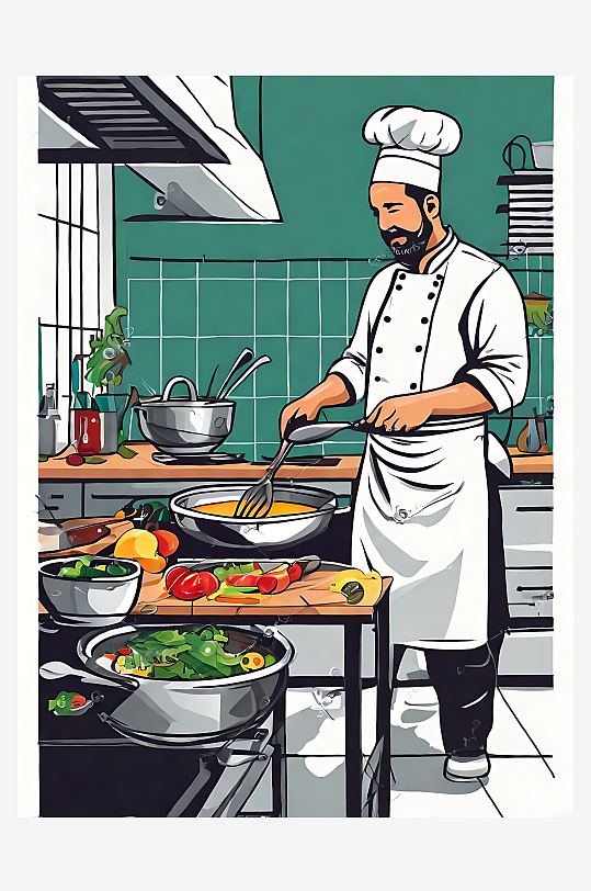 扁平手绘厨师在厨房烹饪AI数字艺术插图