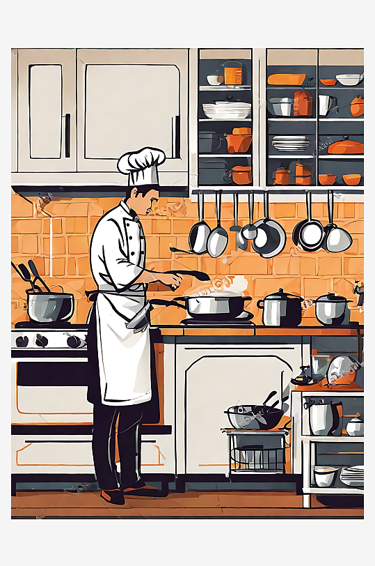 扁平手绘厨师在厨房烹饪AI数字艺术插图