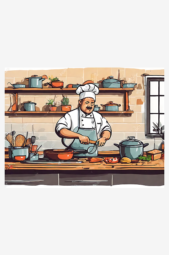 扁平手绘厨师在厨房烹饪AI数字艺术