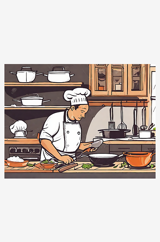 扁平手绘厨师在厨房烹饪AI数字艺术