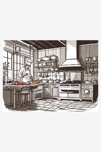 AI数字艺术扁平手绘厨师在厨房烹饪插画