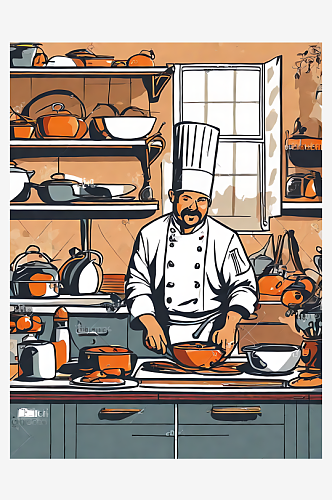 AI数字艺术扁平手绘厨师在厨房烹饪插画