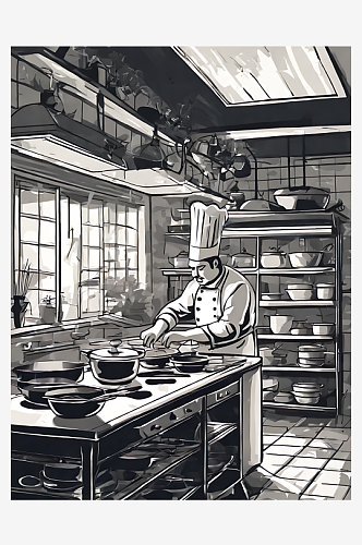 扁平手绘厨师在厨房烹饪插画AI数字艺术