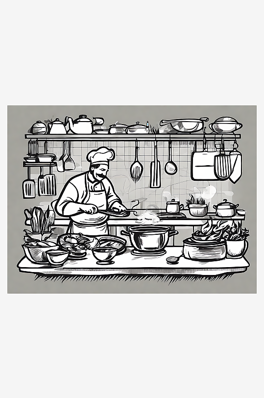 扁平手绘厨师在厨房烹饪插画AI数字艺术