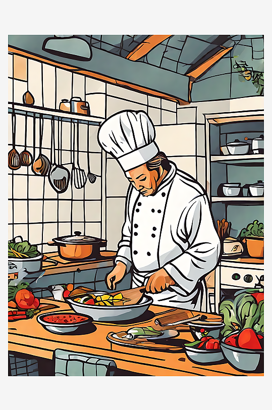 扁平手绘风厨师在厨房烹饪AI数字艺术
