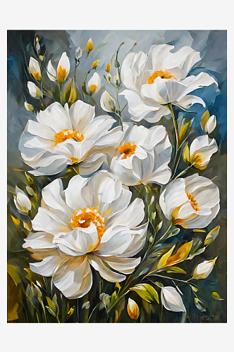 纯洁白色花卉油画AI数字艺术