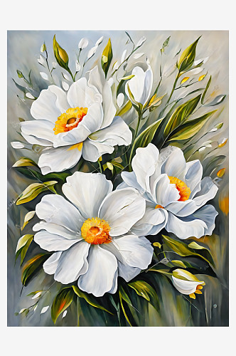 纯洁白色花卉油画AI数字艺术