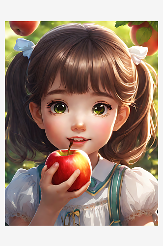 动漫风手拿苹果的女孩AI数字艺术