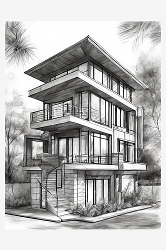 多层别墅建筑素描铅笔画AI数字艺术