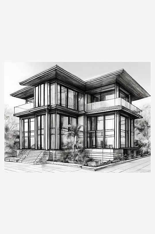 多层别墅建筑素描铅笔画AI数字艺术