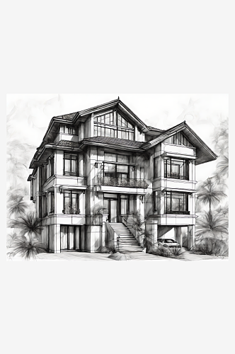 多层别墅建筑素描铅笔画AI数字艺术
