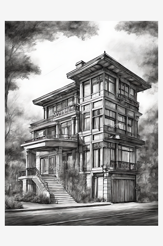 多层别墅建筑素描铅笔画AI数字艺术