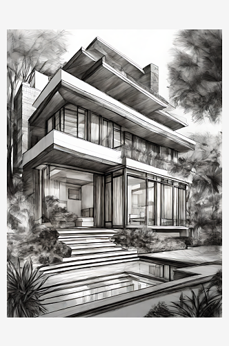 AI数字艺术多层别墅建筑素描铅笔画