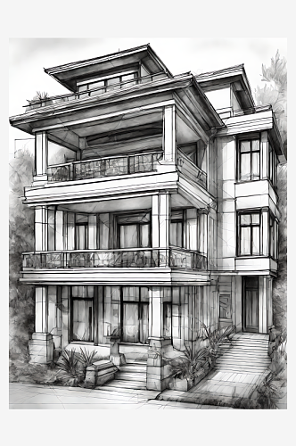 多层别墅建筑素描AI数字艺术铅笔画