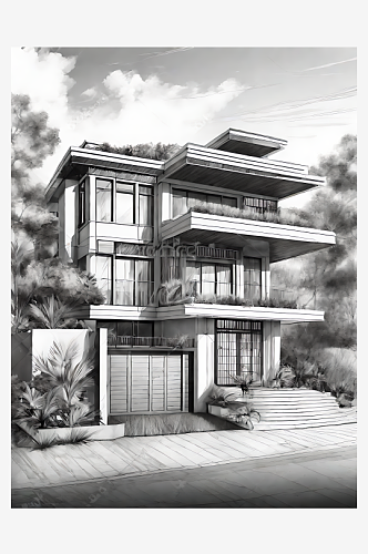 多层别墅建筑素描AI数字艺术铅笔画