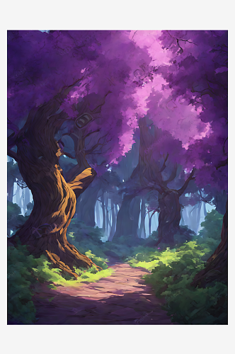 动漫风森林里紫色藤蔓大树AI数字艺术