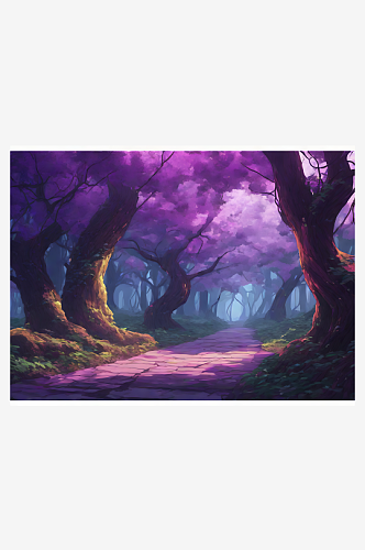 动漫风森林里紫色藤蔓大树AI数字艺术