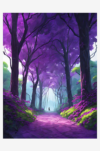 动漫风格森林里紫色藤蔓大树AI数字艺术