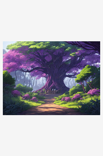 动漫风格森林里紫色藤蔓大树AI数字艺术