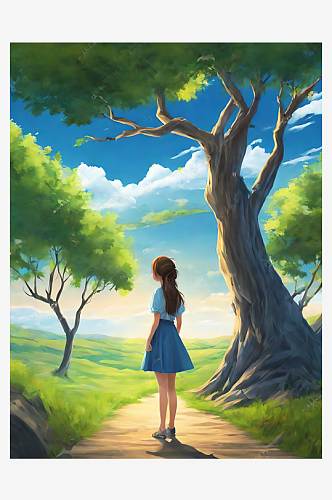 动漫风女孩与大树风景画AI数字艺术