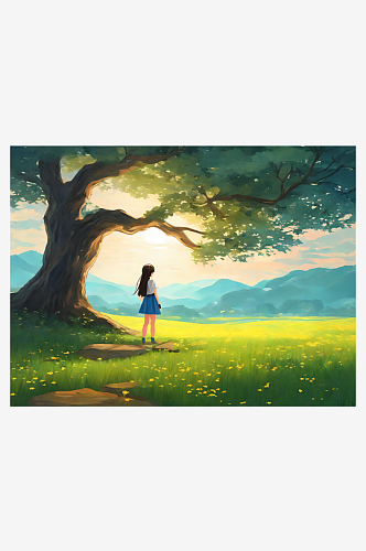 动漫风格女孩与大树风景画AI数字艺术