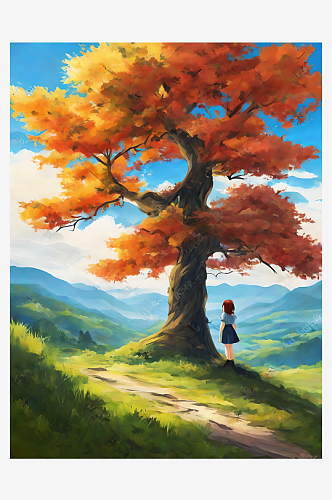 动漫风格女孩与大树风景画AI数字艺术