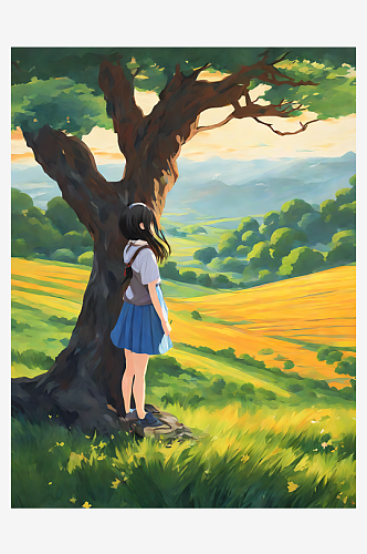 AI数字艺术动漫风格女孩与大树风景画