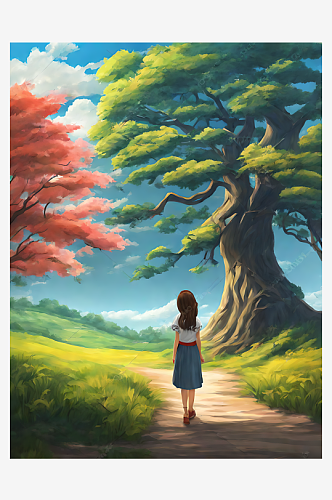 动漫风女孩与大树风景画AI数字艺术
