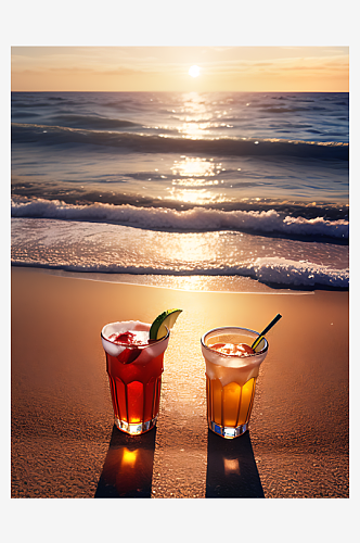 摄影风海边夕阳下的饮料AI数字艺术
