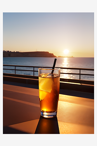 摄影风海边夕阳下的饮料AI数字艺术