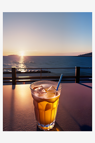 AI数字艺术摄影风海边夕阳下的饮料
