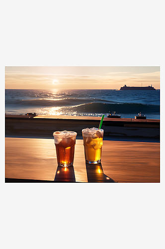 摄影风海边夕阳下的饮料AI数字艺术