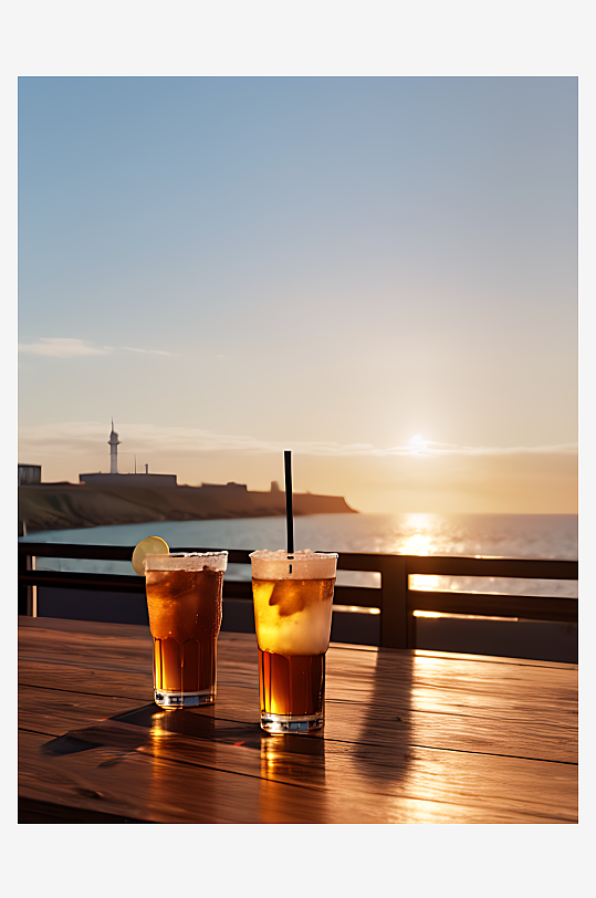 AI数字艺术摄影风海边夕阳下的饮料