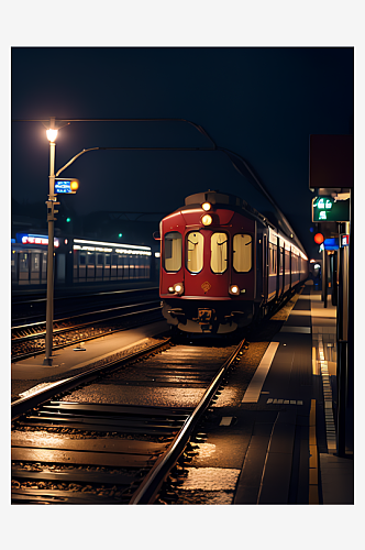 AI数字艺术摄影风夜晚铁路轨道运输